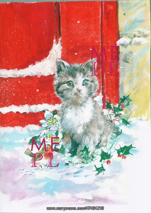 : Kitten and robin in the snow with red door : Kitten and robin in the snow with red door