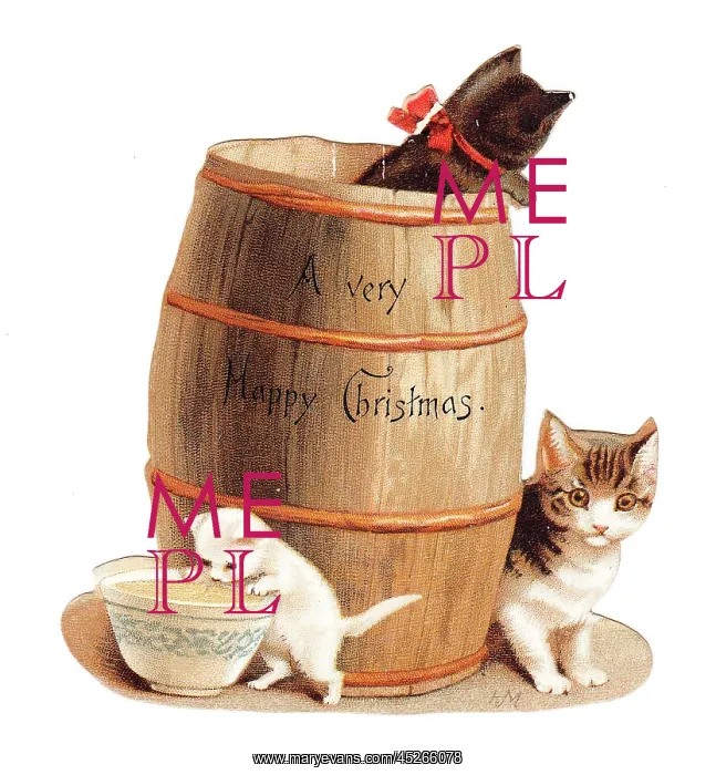  : Three kittens with barrel on a cutout Christmas card