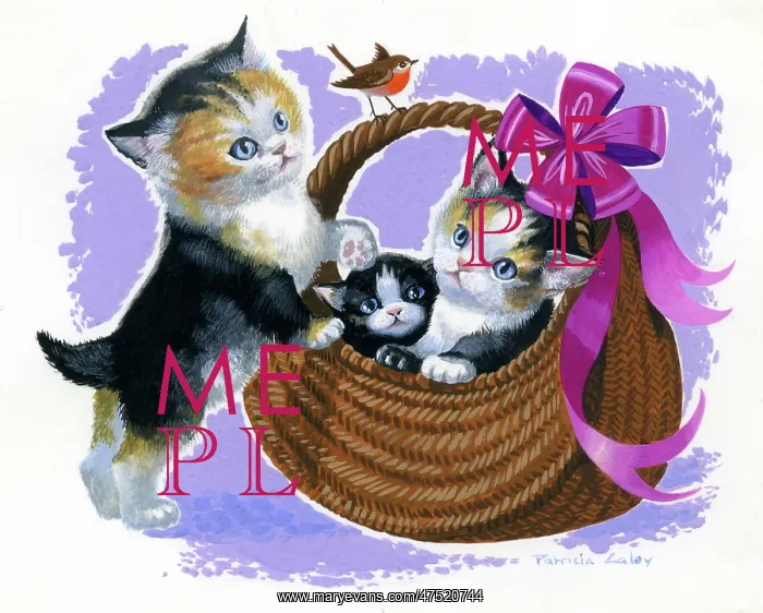 : Kittens with basket and robin : Kittens with basket and robin