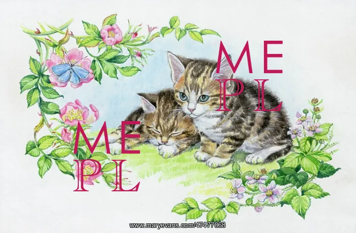 : Kittens with butterfly on wild roses & brambles : Kittens with butterfly on wild roses & brambles