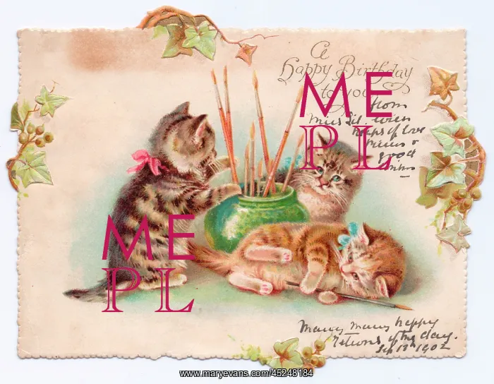 : Three kittens on a cutout birthday card : Three kittens on a cutout birthday card