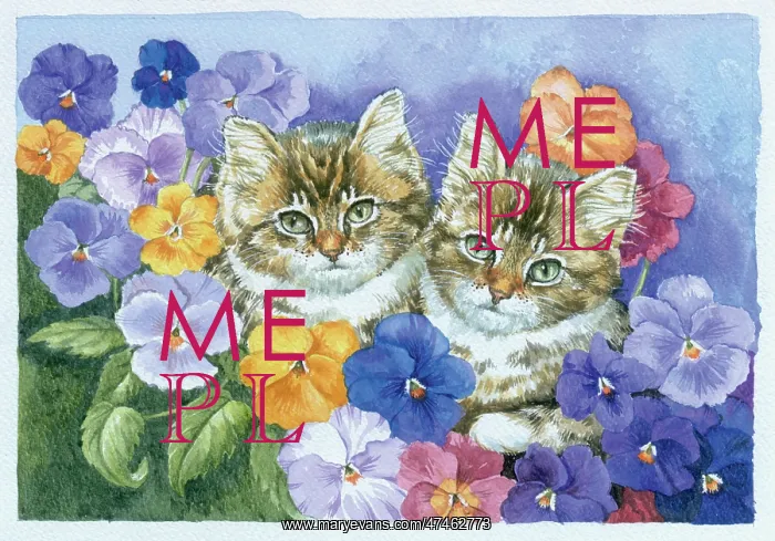 : Two Kittens with Pansies : Two Kittens with Pansies