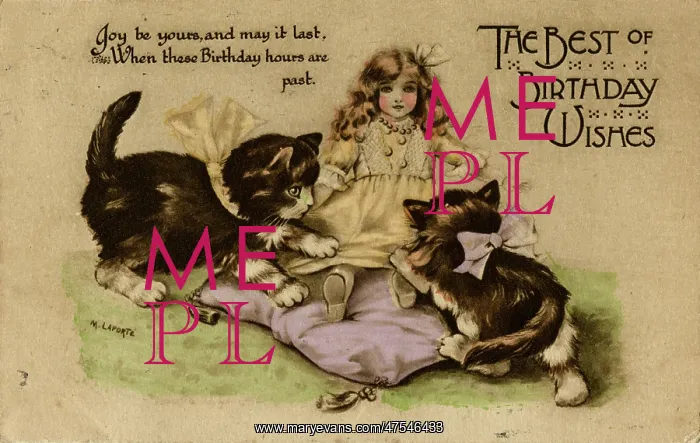  : Two kittens playing with a doll on a birthday postcard
