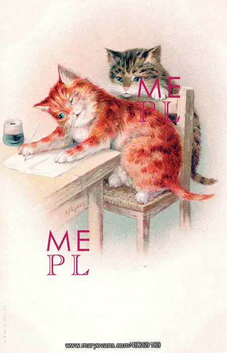 : Two kittens at a table on a greetings postcard : Two kittens at a table on a greetings postcard