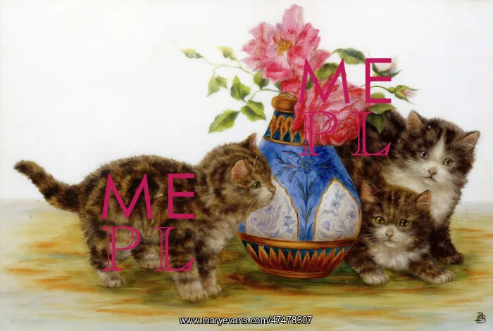 : Three Kittens ' with a vase of pink roses : Three Kittens ' with a vase of pink roses