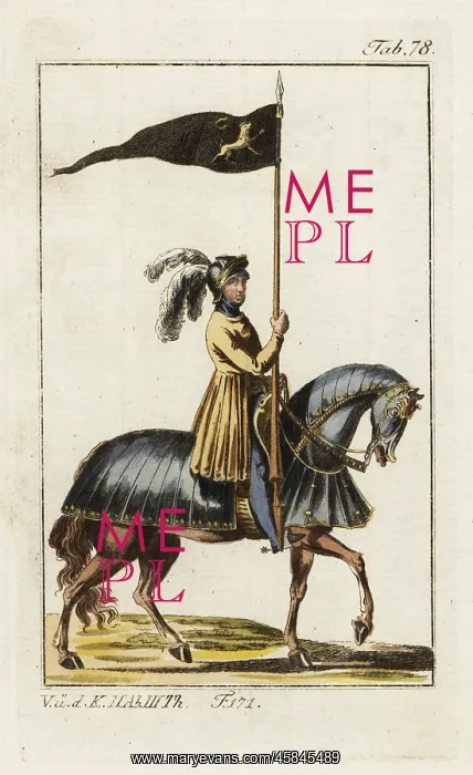 : Knight in armor on horseback with his standard : Knight in armor on horseback with his standard