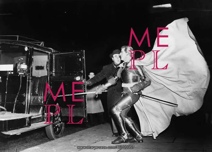 : Knight with billowing cape approaching car : Knight with billowing cape approaching car