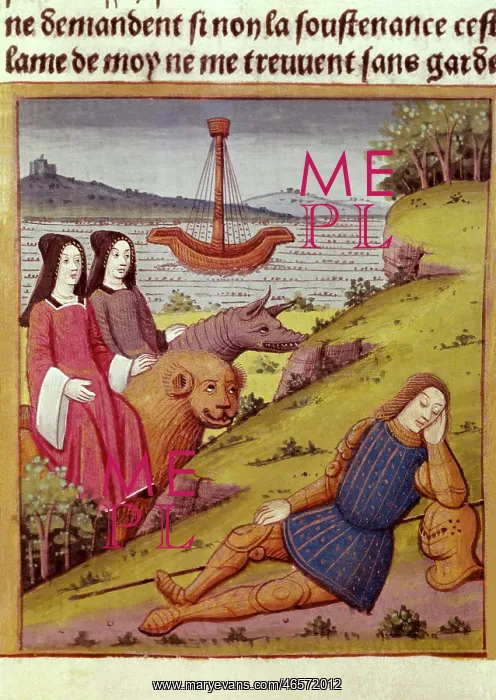  : Knight Percival dreams about two women. Illustration