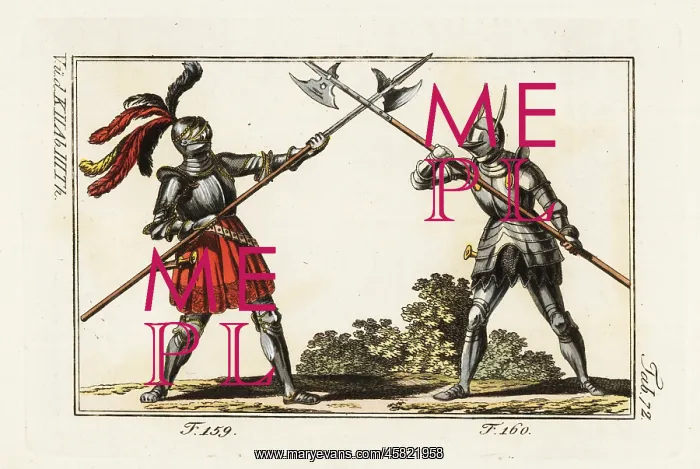  : Two knights in armor fighting a duel with halberds