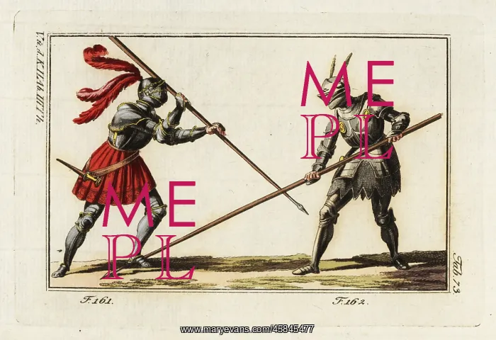 : Two knights in armor fighting a duel with lances : Two knights in armor fighting a duel with lances