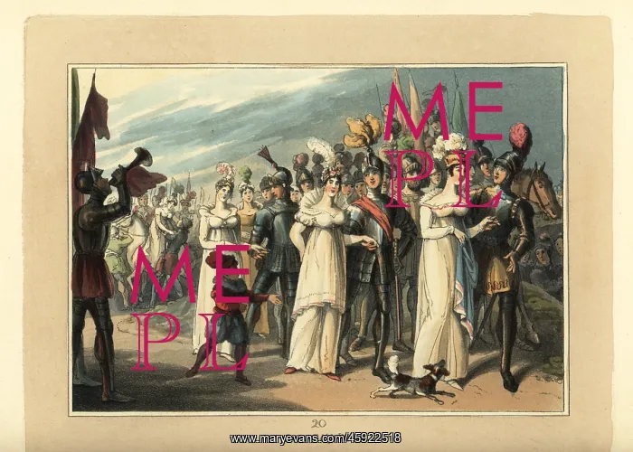 : Knights in armour parading with their ladies before : Knights in armour parading with their ladies before
