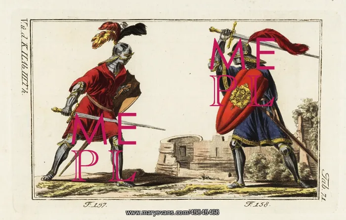 : Two knights fighting a duel with swords in a tourney : Two knights fighting a duel with swords in a tourney