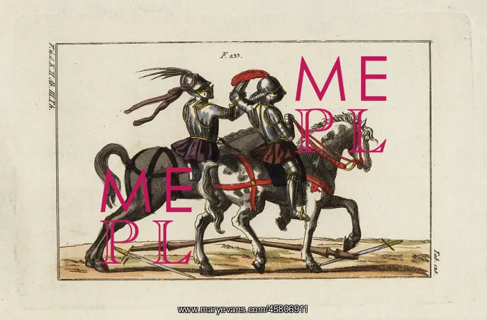 : Two knights in plate armor on horseback fighting a duel : Two knights in plate armor on horseback fighting a duel