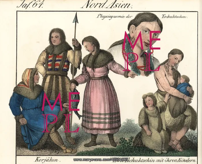 : Koryak people holding spears and fish, and : Koryak people holding spears and fish, and