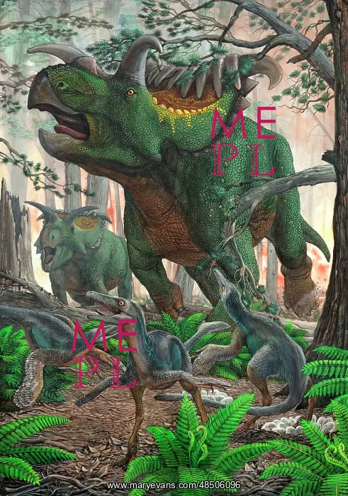 : Kosmoceratops tramples over nesting Talos dinosaurs while ? : Kosmoceratops tramples over nesting Talos dinosaurs while ?