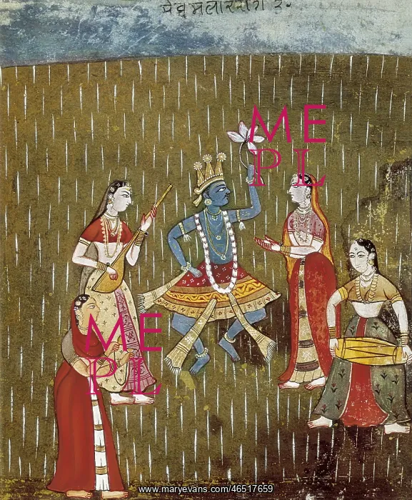 : Krishna with a lotus flower and Radha dancing in : Krishna with a lotus flower and Radha dancing in