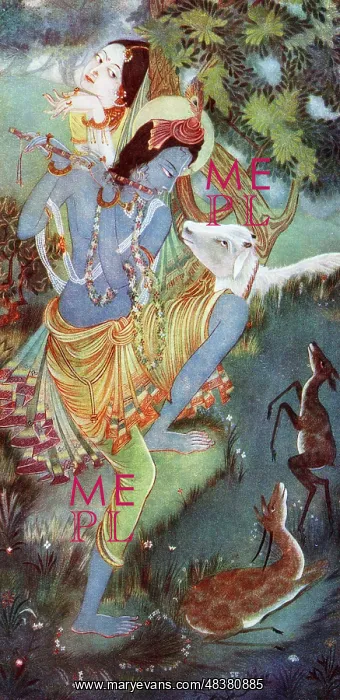  : Krishna playing flute, painting by Ranada Ukil
