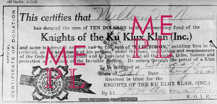 : Ku Klux Klan certificate of membership made ? : Ku Klux Klan certificate of membership made ?