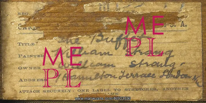 : Label for painting, The Buffet, by William Strang, WW1 : Label for painting, The Buffet, by William Strang, WW1
