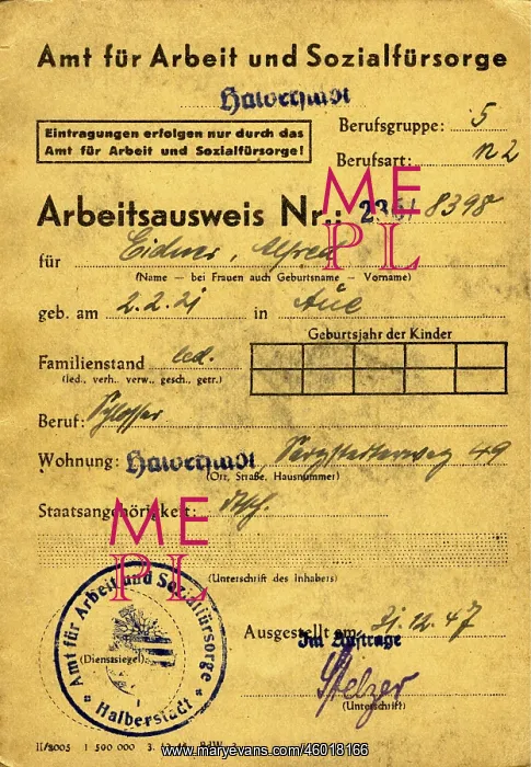 : Labour card, Office for Labour and Social Security, Halberst : Labour card, Office for Labour and Social Security, Halberst