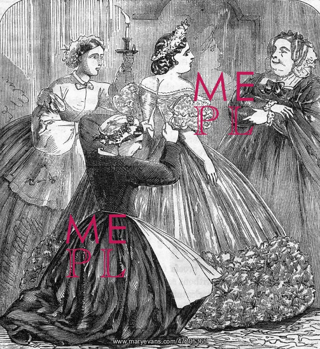  : LACING UP. A young lady is laced into her ball gown by her maid while mama