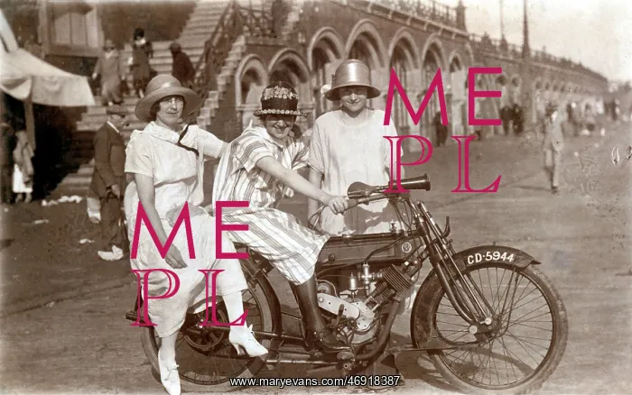 : Three ladies on a 1908 Phelon & Moore motorcycle : Three ladies on a 1908 Phelon & Moore motorcycle