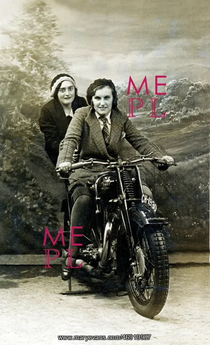 : Ladies on a 1929 Coventry Eagle motorcycle : Ladies on a 1929 Coventry Eagle motorcycle