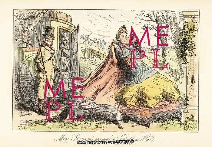 : Ladies in crinolines embracing in front of a coach : Ladies in crinolines embracing in front of a coach