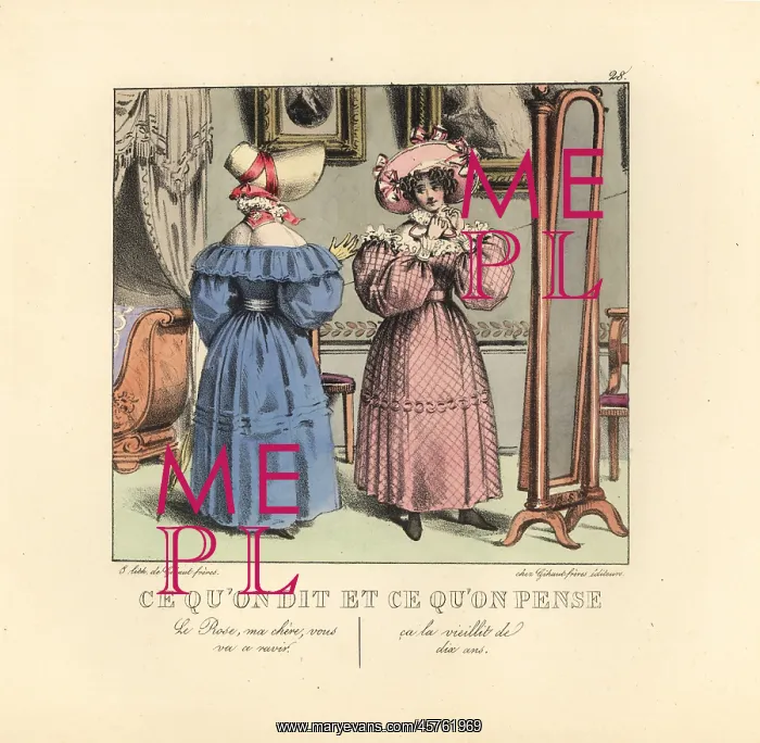 : Two ladies dressing before a mirror in a parlor : Two ladies dressing before a mirror in a parlor
