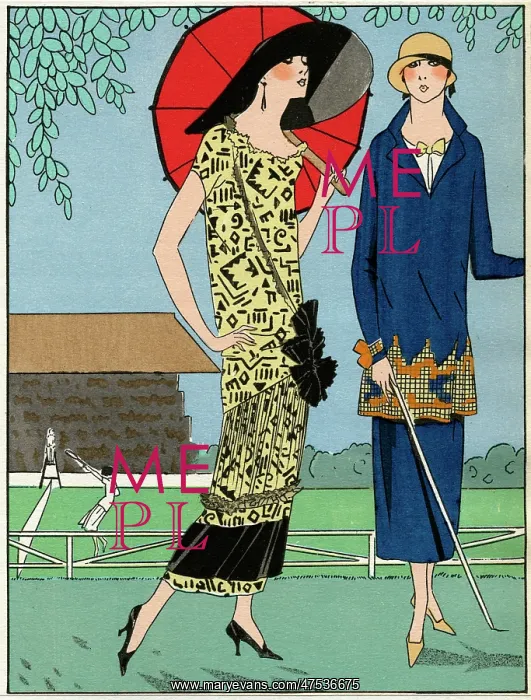 : Two ladies in summer outfits by Doucet and Jenny : Two ladies in summer outfits by Doucet and Jenny