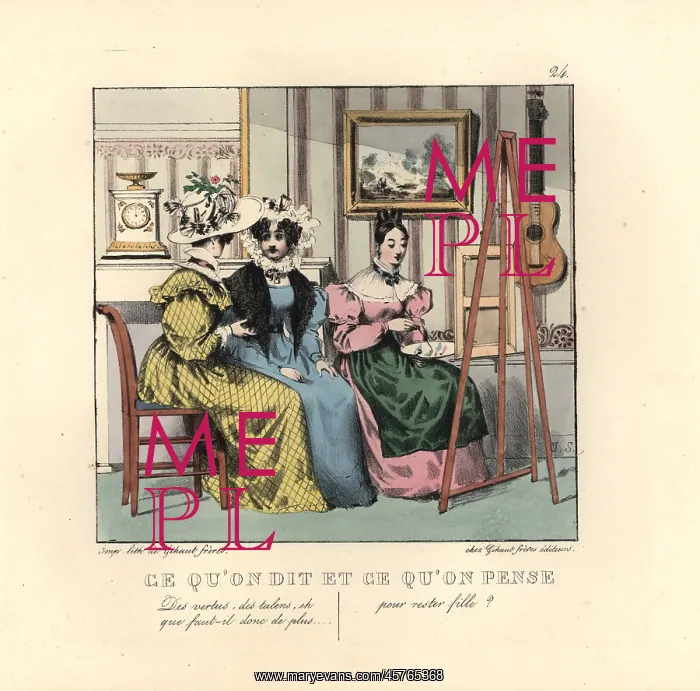 : Two ladies talking in a parlor watching a : Two ladies talking in a parlor watching a