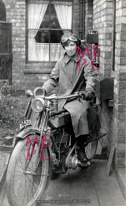 : Lady on 1912 Sunbeam motorcycle : Lady on 1912 Sunbeam motorcycle