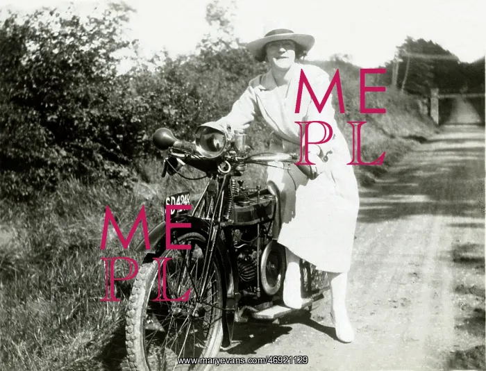 : Lady on a 1920 Douglas motorcycle : Lady on a 1920 Douglas motorcycle