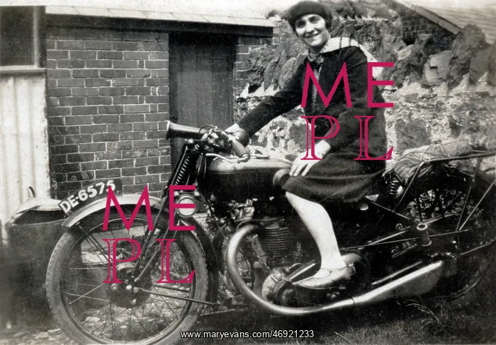 : Lady on a 1930 Raleigh motorcycle : Lady on a 1930 Raleigh motorcycle
