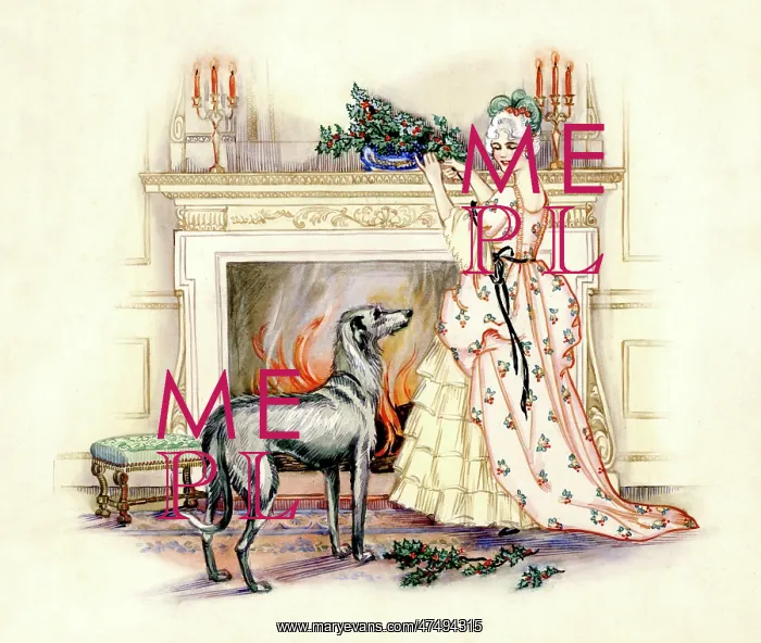 : Lady arranging holly on a mantlepiece : Lady arranging holly on a mantlepiece