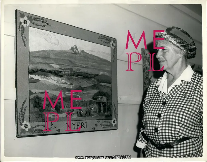 : Lady Baden Powell with tapestry panel of Nyeri : Lady Baden Powell with tapestry panel of Nyeri