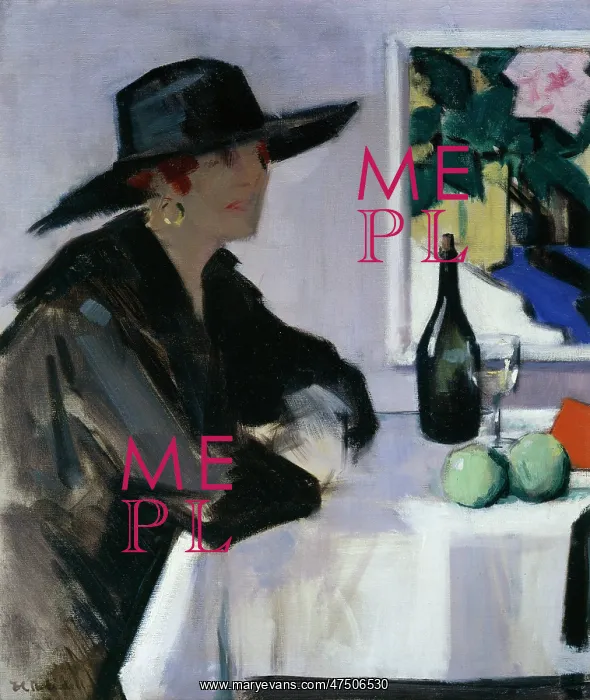 : Lady in a Black Hat ' at table with wine etc : Lady in a Black Hat ' at table with wine etc