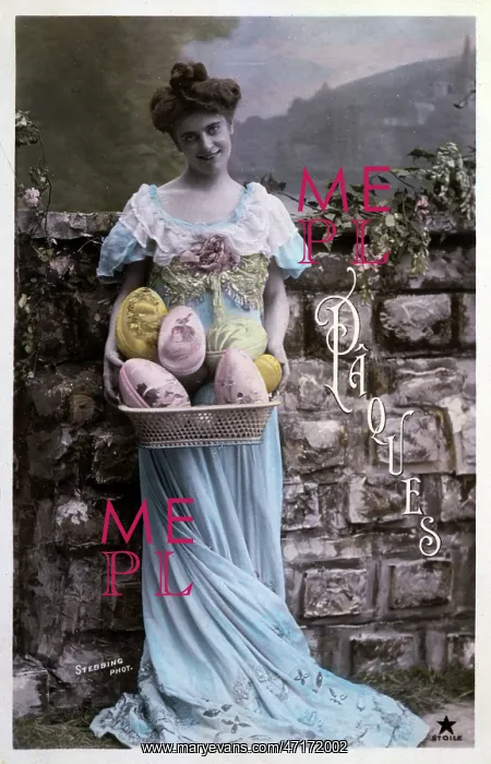 : Lady in a blue dress with a basket of Easter eggs : Lady in a blue dress with a basket of Easter eggs