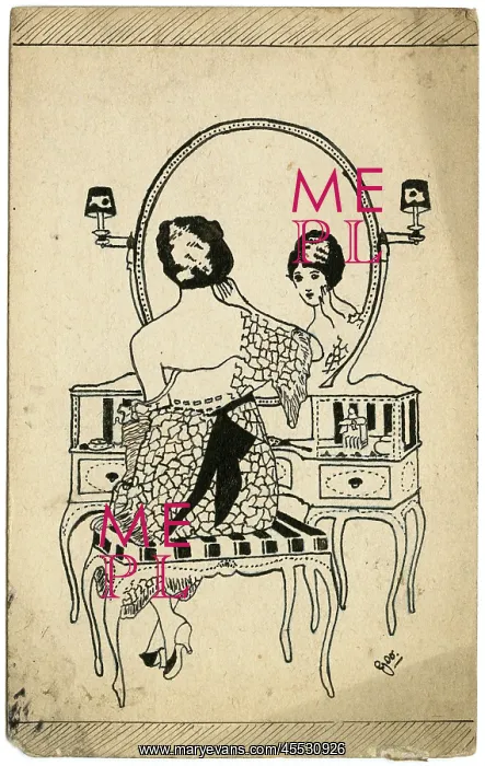 : Lady at dressing table - WWI postcard by George Ranstead : Lady at dressing table - WWI postcard by George Ranstead