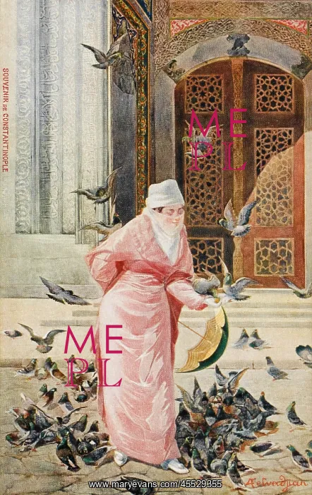 : Lady feeding the pigeons - Constantinople, Turkey : Lady feeding the pigeons - Constantinople, Turkey