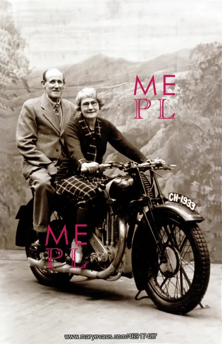 : Lady and gentleman sat on a 1929 Coventry Eagle motorcycle : Lady and gentleman sat on a 1929 Coventry Eagle motorcycle
