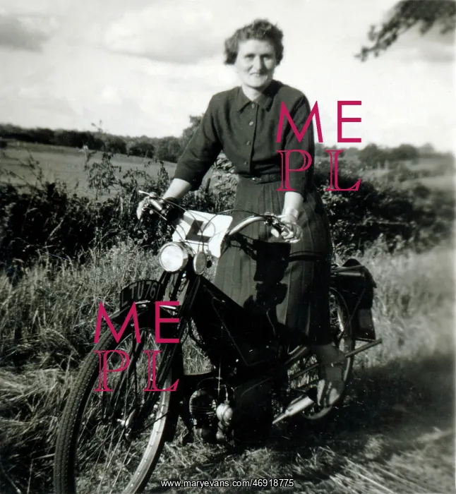 : Lady learner on a 1930s / 40s Velocette motorcycle : Lady learner on a 1930s / 40s Velocette motorcycle