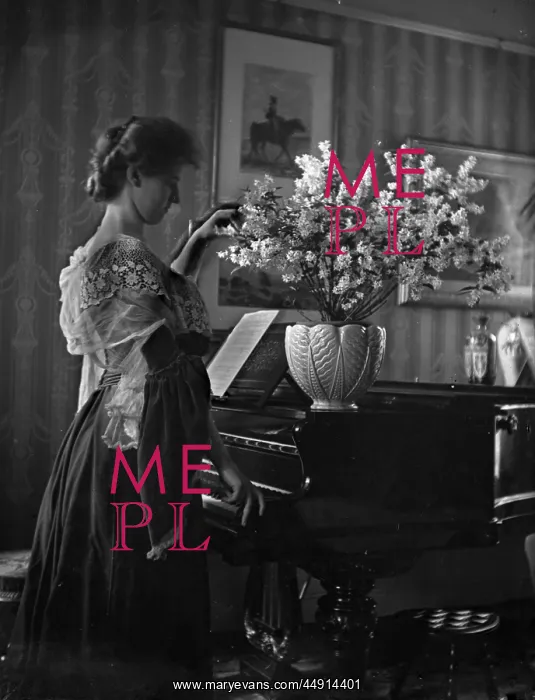 : Lady with piano in interior : Lady with piano in interior