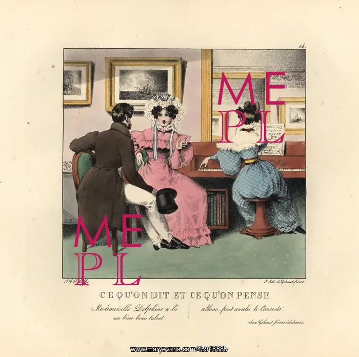 : Lady playing the piano in a parlour to guests : Lady playing the piano in a parlour to guests