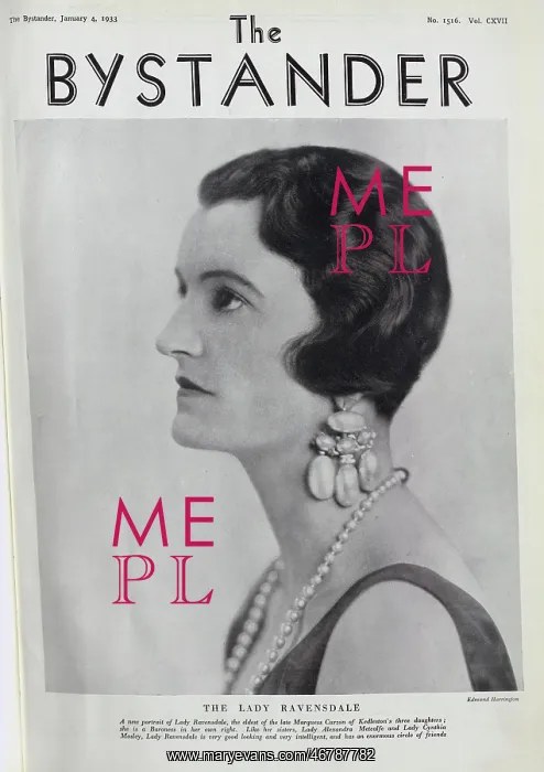 : Lady Ravensdale, formal studio portrait, pearl earrings : Lady Ravensdale, formal studio portrait, pearl earrings