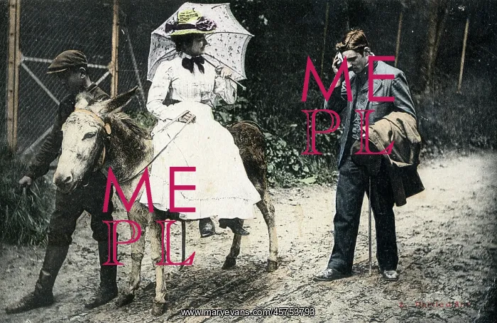 : Lady riding side-saddle on a donkey : Lady riding side-saddle on a donkey