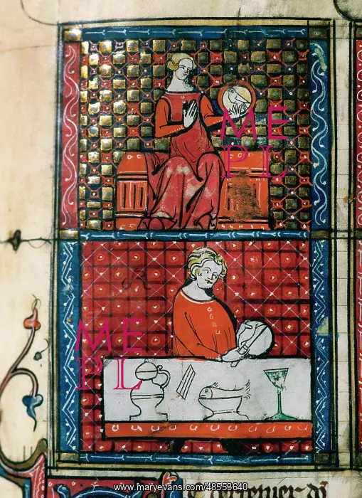 : Lady sitting with a dove (top) and a man cutting bread (bott : Lady sitting with a dove (top) and a man cutting bread (bott