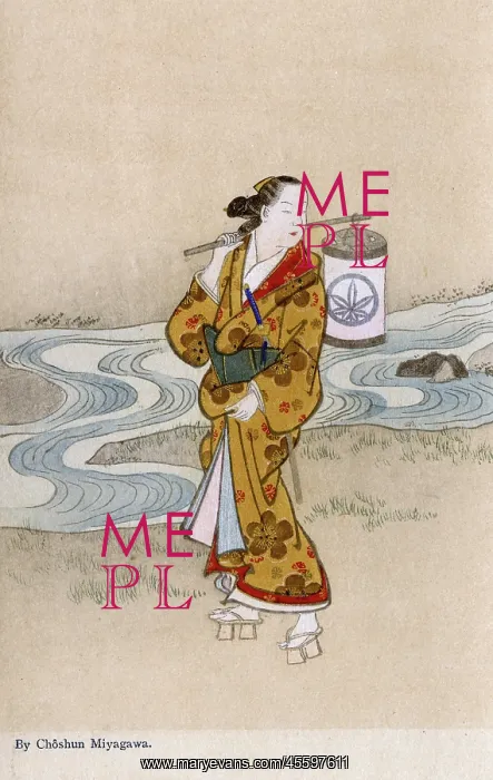 : A lady strolling along a winding stream by Miyagawa Choshun : A lady strolling along a winding stream by Miyagawa Choshun