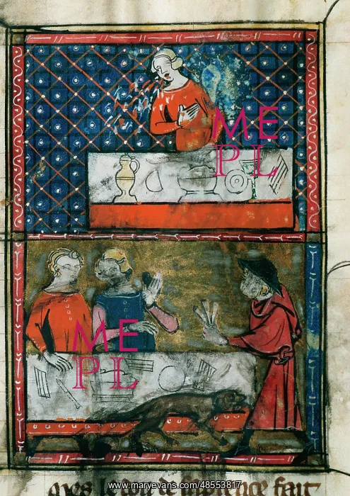 : Lady before a table ready for a banquet (top) and man and wo : Lady before a table ready for a banquet (top) and man and wo