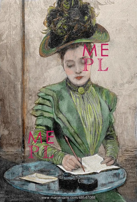 : Lady writing a letter. Colored engraving from 1888 : Lady writing a letter. Colored engraving from 1888
